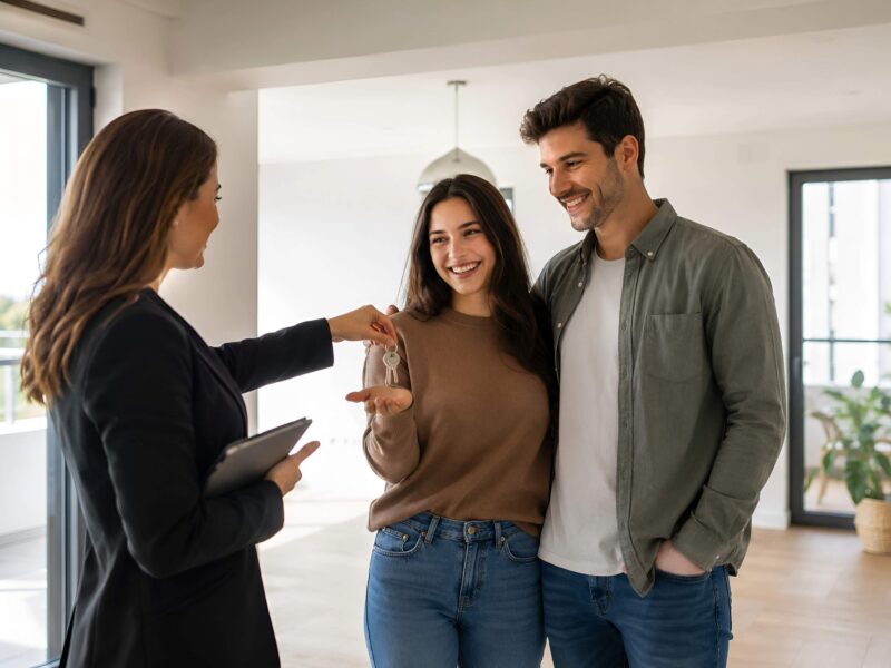 Couple receiving keys to new home